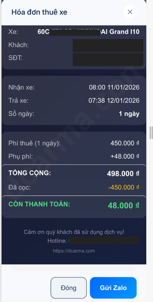 Hóa đơn thuê xe